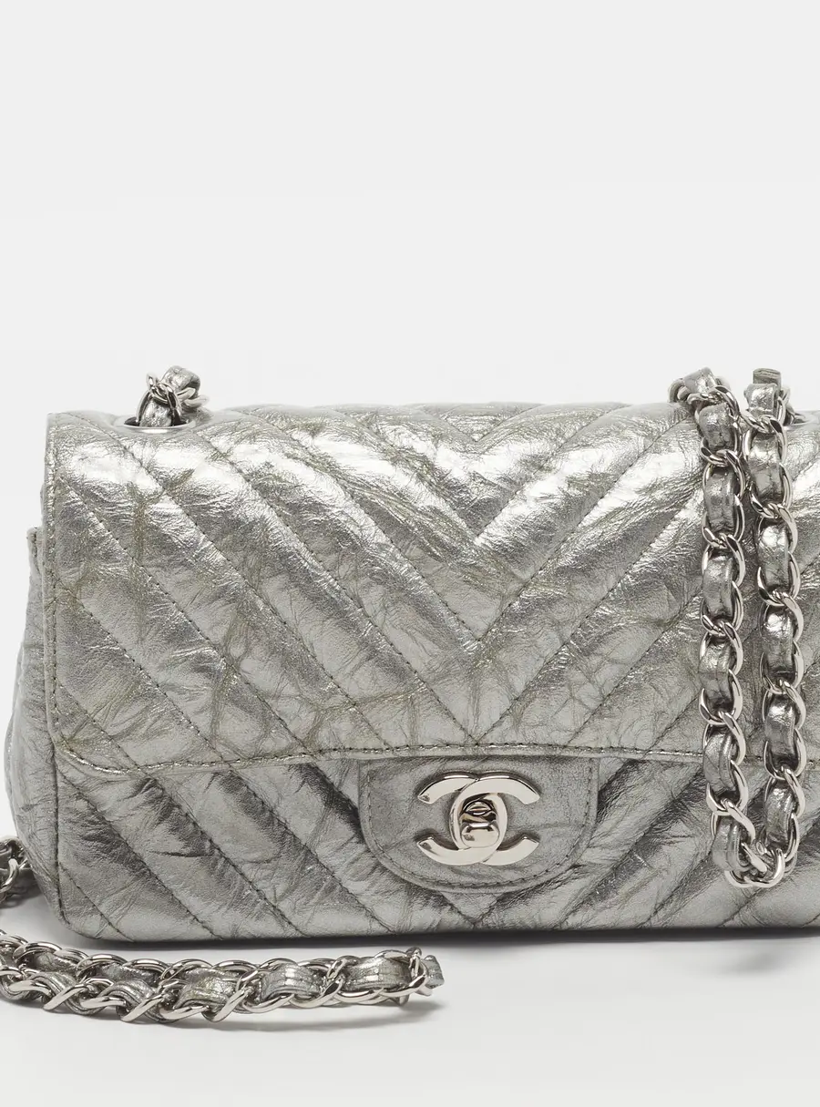 Chanel Rectangle Classic Single Flap Mini Grey Chevron Patent Leather Bag