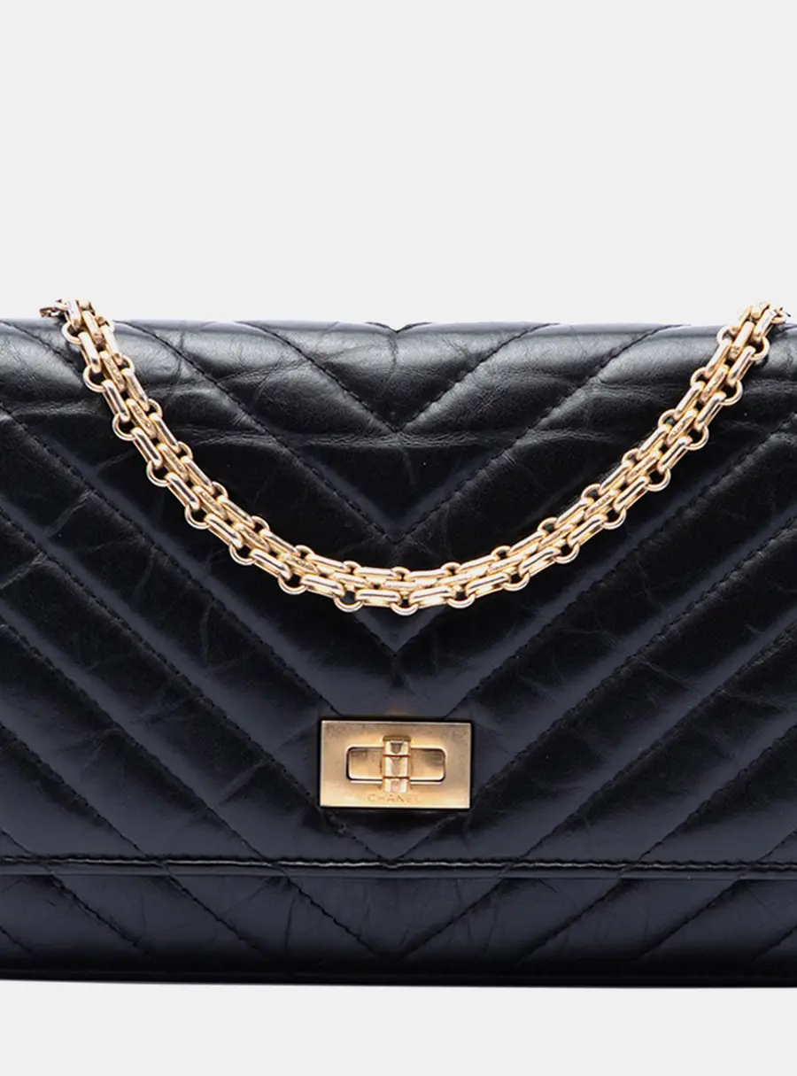 Chanel Reissue 2.55 Chevron Wallet On Chain Black Aged Calfskin Leather Crossbody Bag
