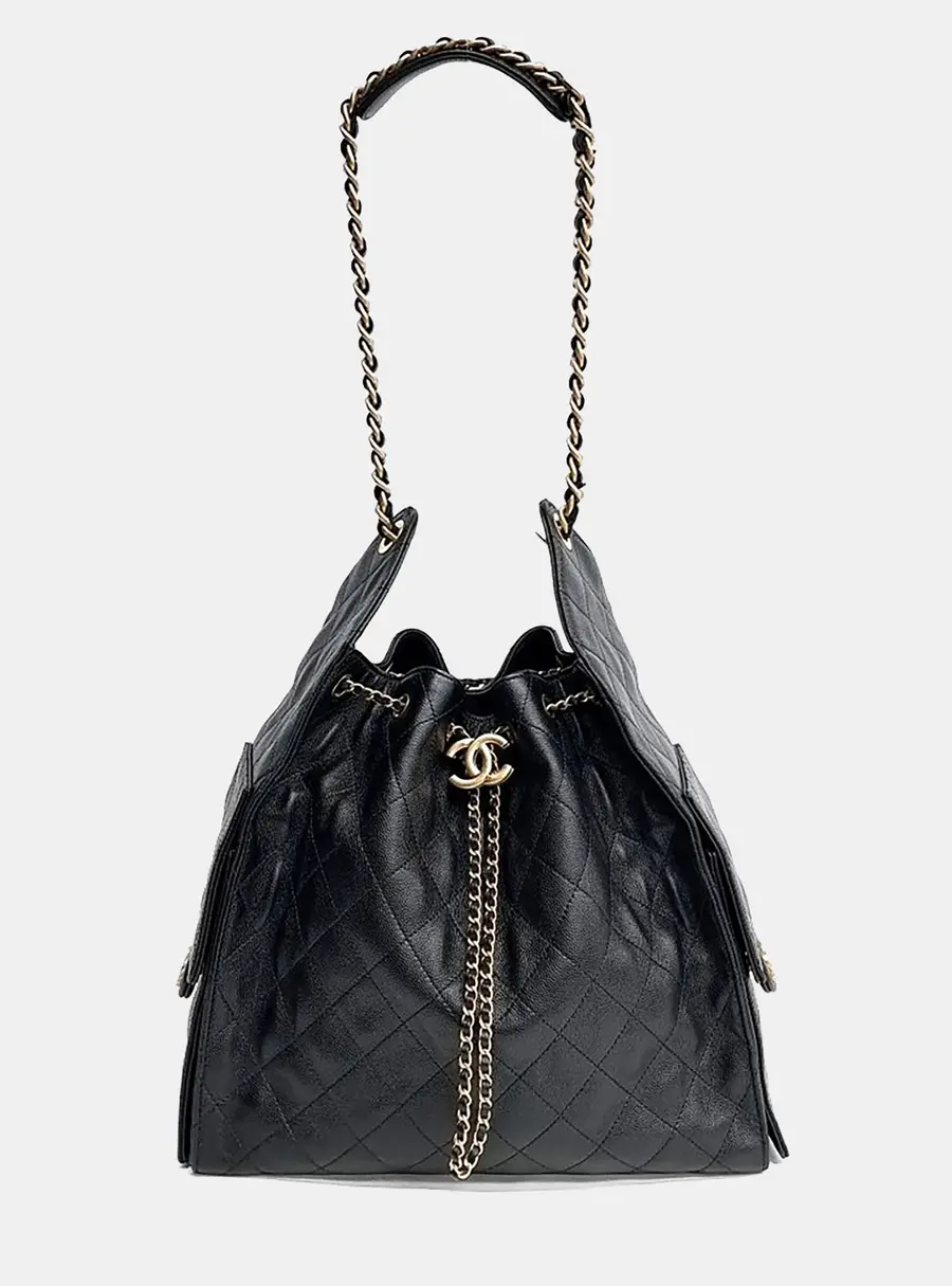 Chanel Trendy CC Drawstring Black Caviar Leather Bucket Bag