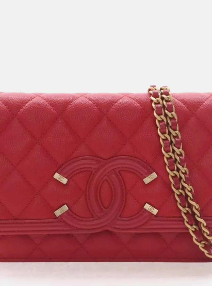 Chanel Filigree Wallet On Chain Red Caviar Leather Shoulder Bag