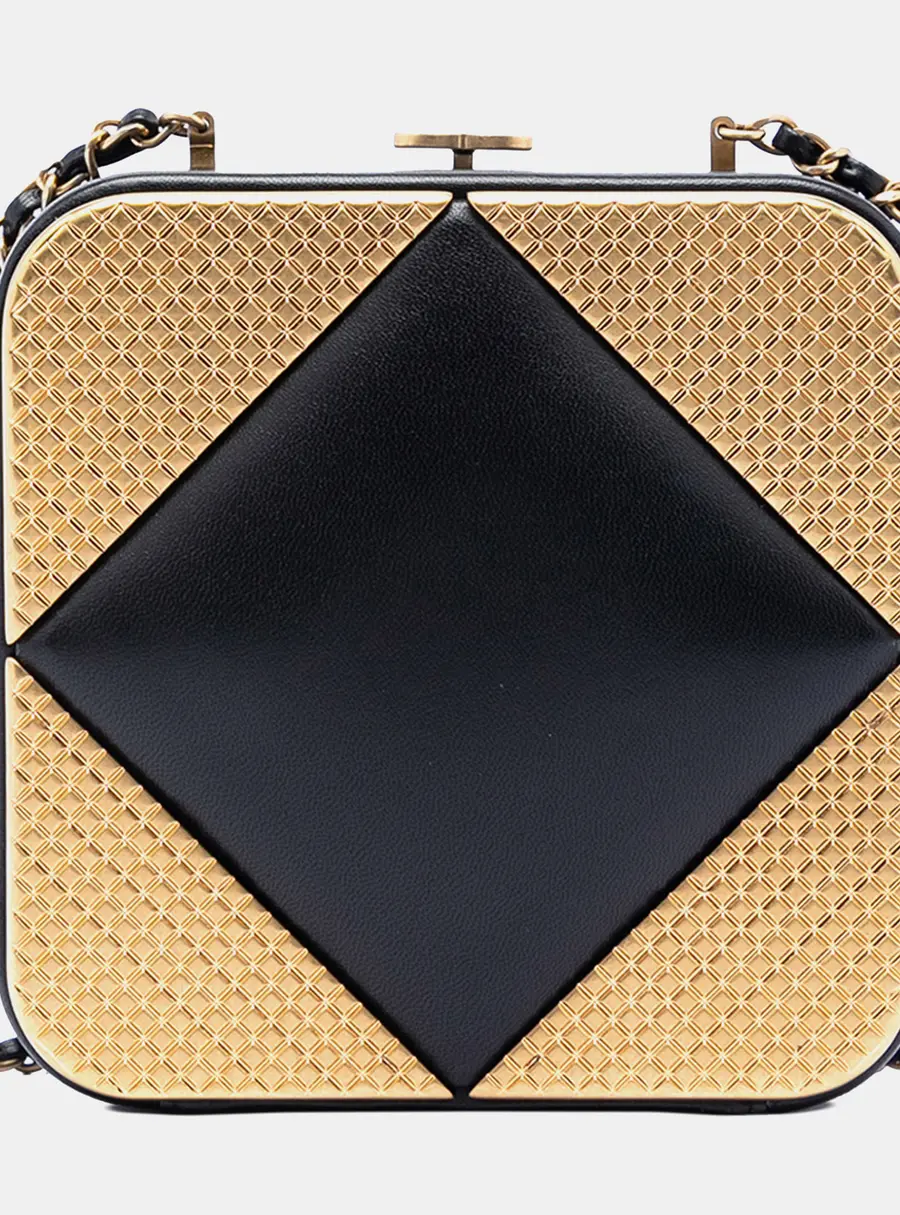 Chanel Square Black Lambskin Leather Gold-Tone Metal Clutch with Chain Bag