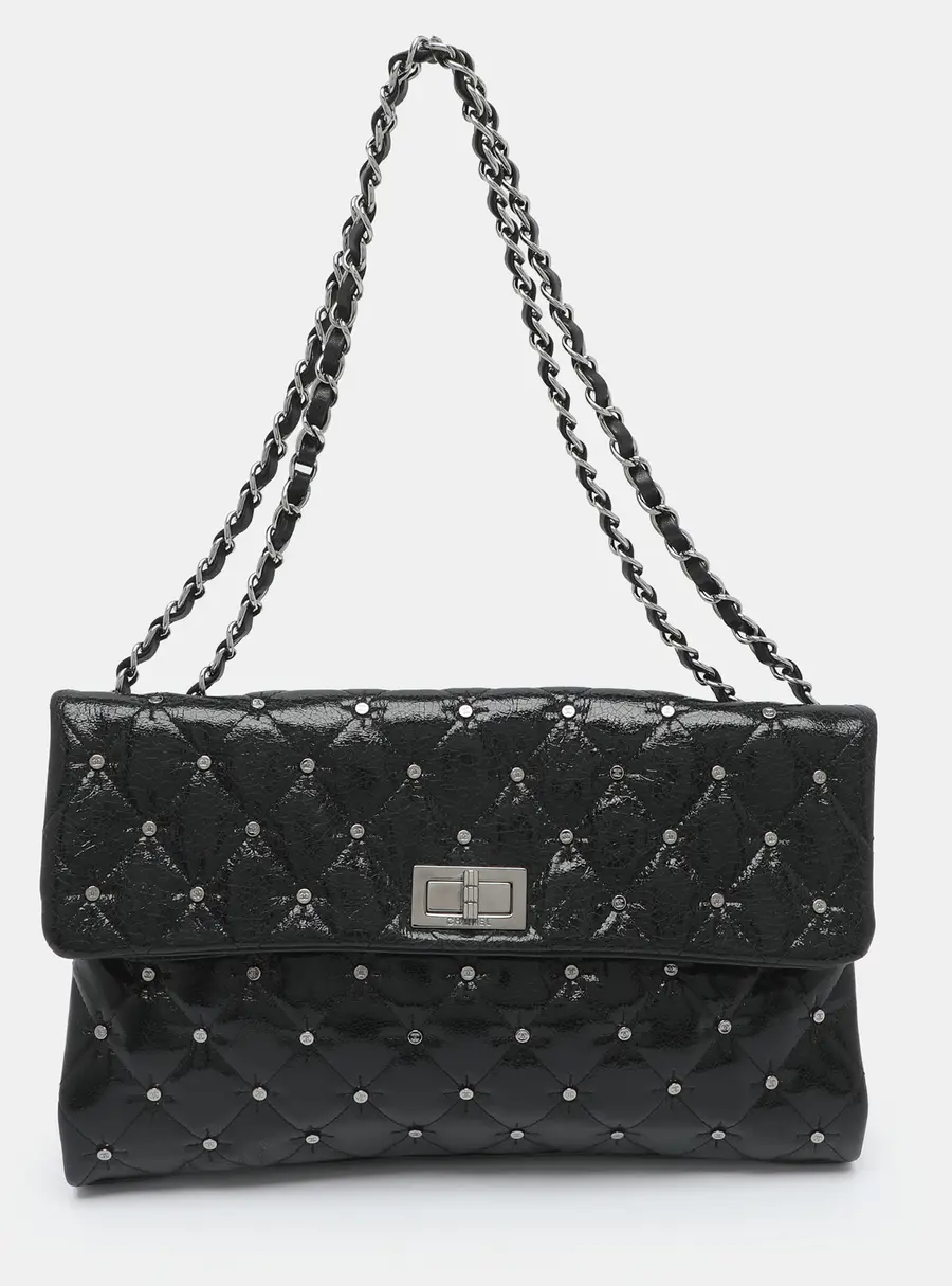 Chanel Studded Mademoiselle Black Quilted Glazed Crackled Leather Flap bag