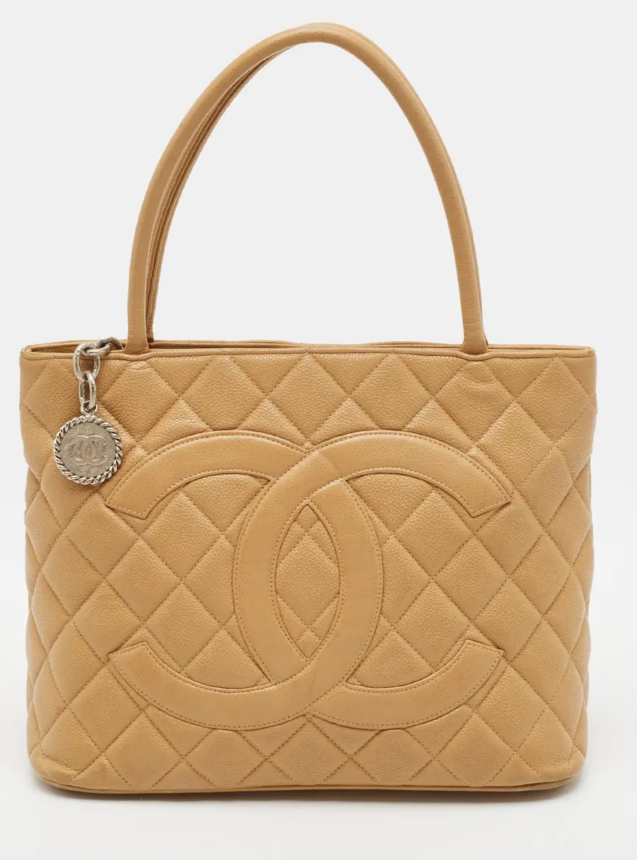Chanel Medallion Tan Quilted Caviar Leather Tote