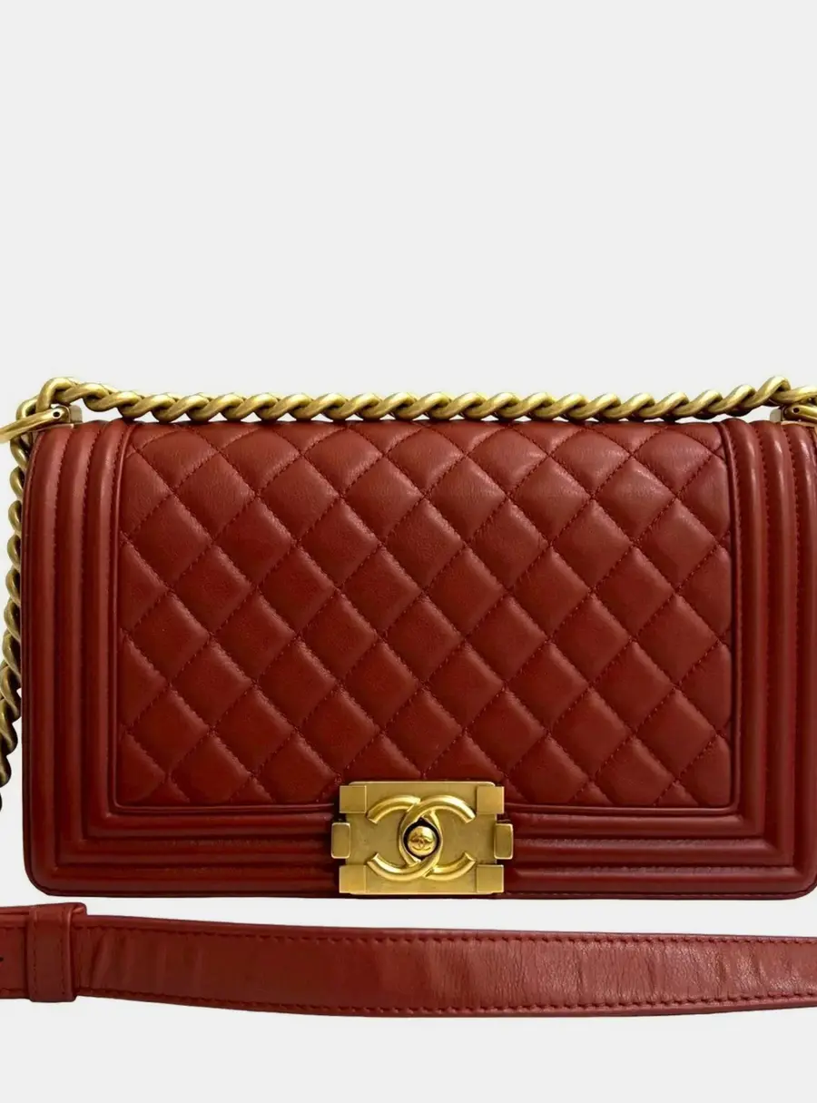 Chanel Boy Chanel Coco Mark Lambskin Chain Shoulder Bag Red
