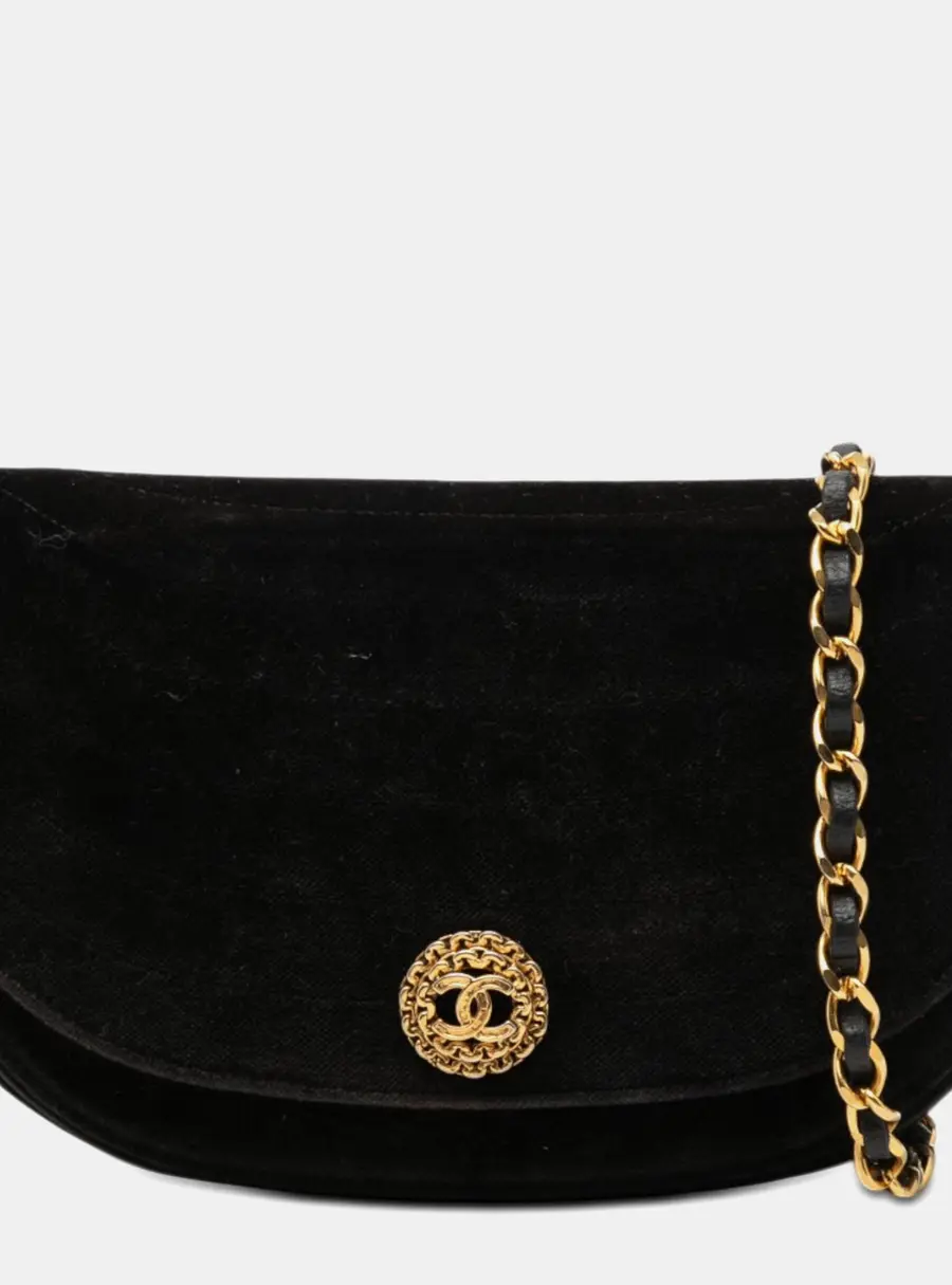 Chanel Half Moon Flap Black Velvet Shoulder Bag