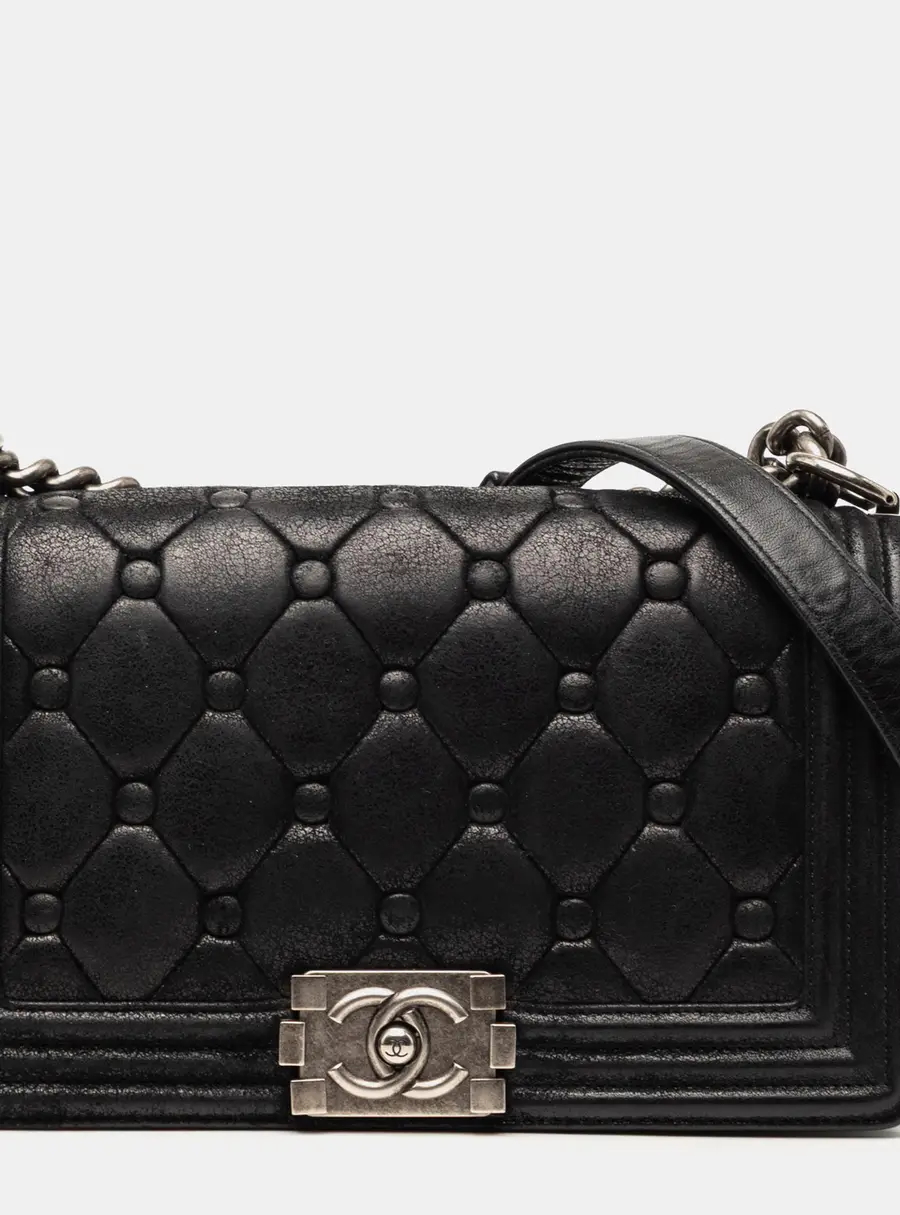 Chanel Boy Old Medium Black Quilted Suede Chesterfield Shoulder Bag