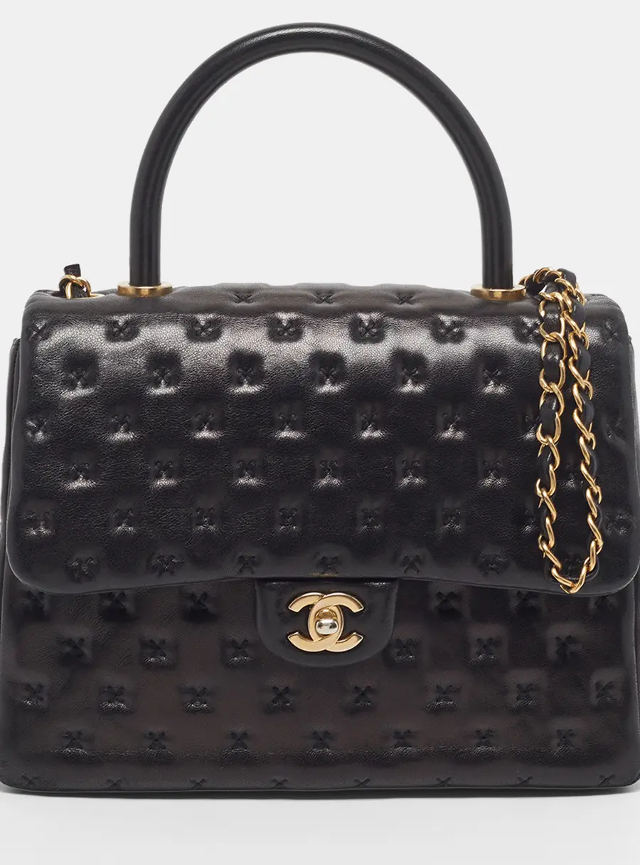 Chanel Paris-Rome Coco Black Cross Stitch Leather Top Handle Bag