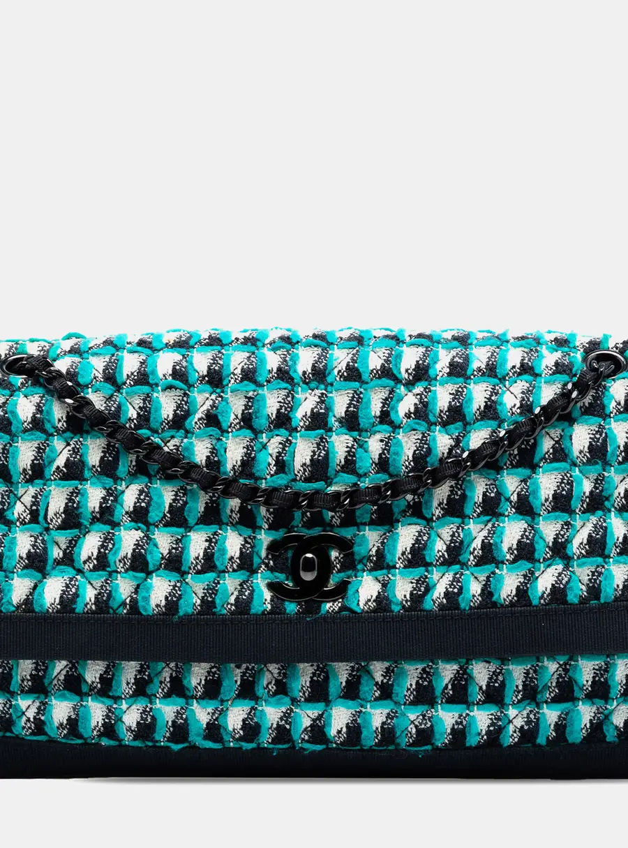 Chanel CC Multicolor Quilted Tweed Accordion Houndstooth Flap Medium Turquoise Black Fabric Shoulder Bag