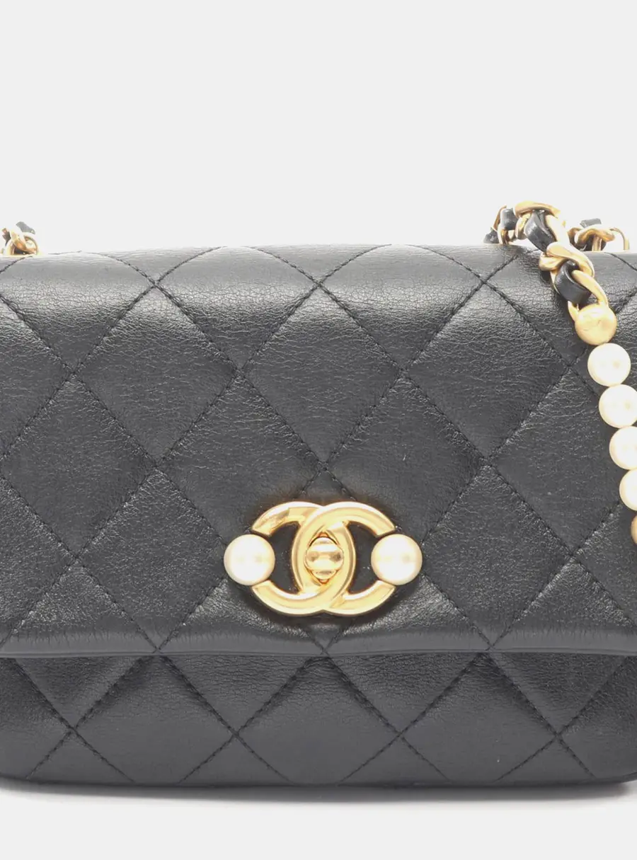 Chanel Small Pearl Side Flap Black Lambskin Leather Shoulder Bag