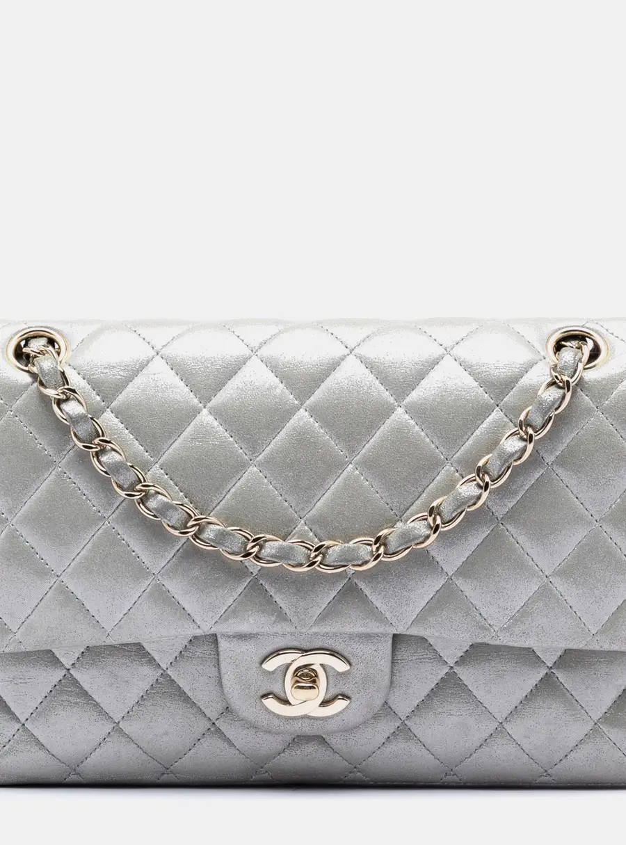 Chanel Classic Medium Silver Iridescent Lambskin Leather Double Flap Bag