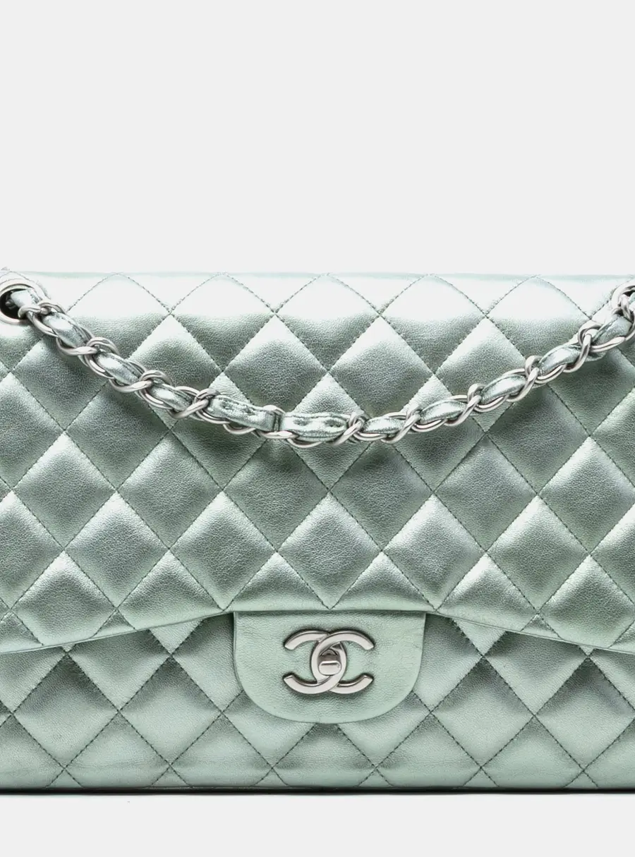 Chanel Classic Jumbo Mint Green Metallic Lambskin Leather Double Flap Bag