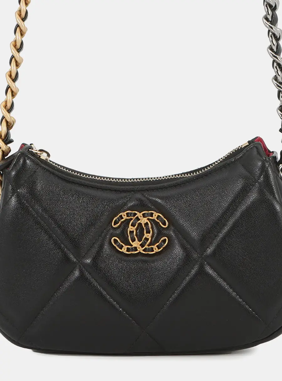 Chanel 19 Small Hobo Bag Black Lambskin Leather Shoulder Bag
