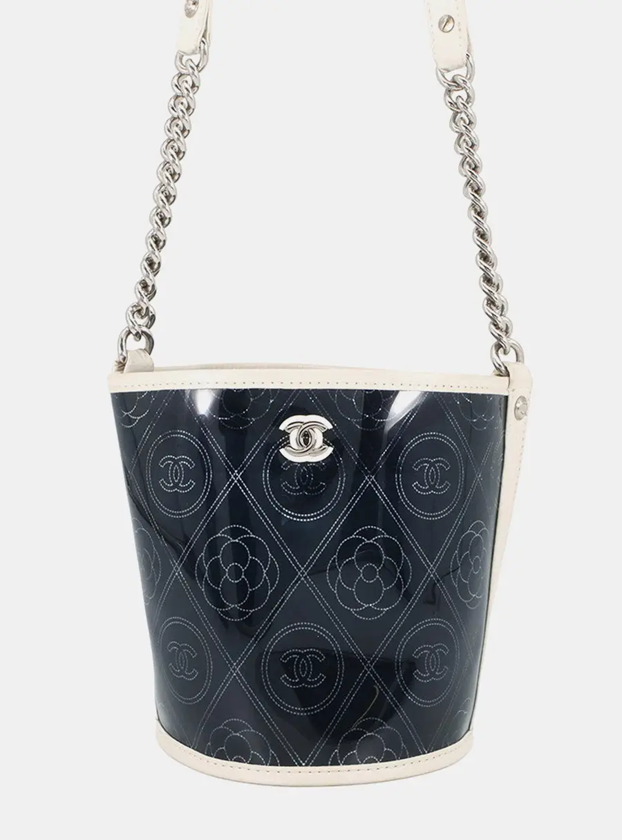 Chanel Camellia CC Logo Bucket Bag Black White Leather Patent Leather Shoulder Bag