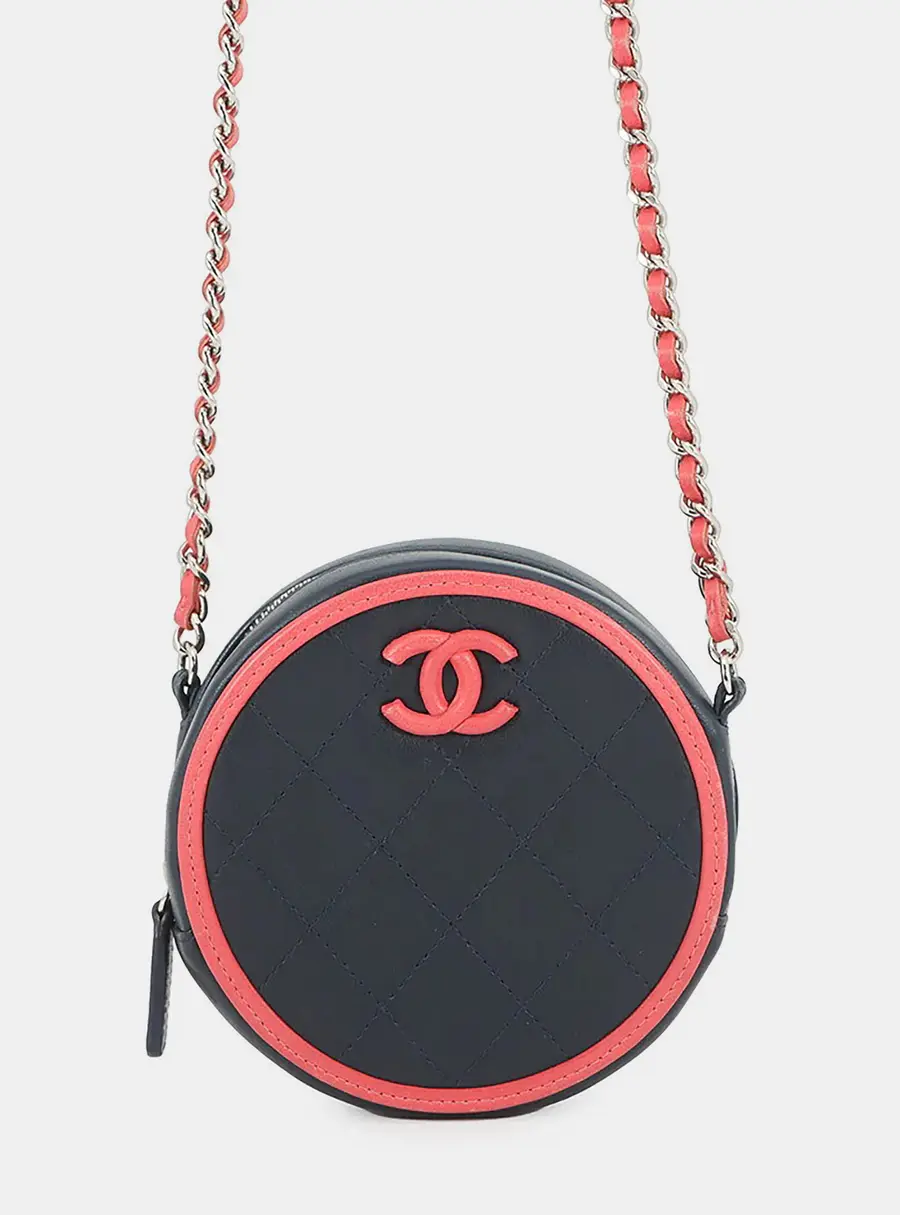 Chanel Matelasse Round Navy Pink Lambskin Leather Crossbody Bag