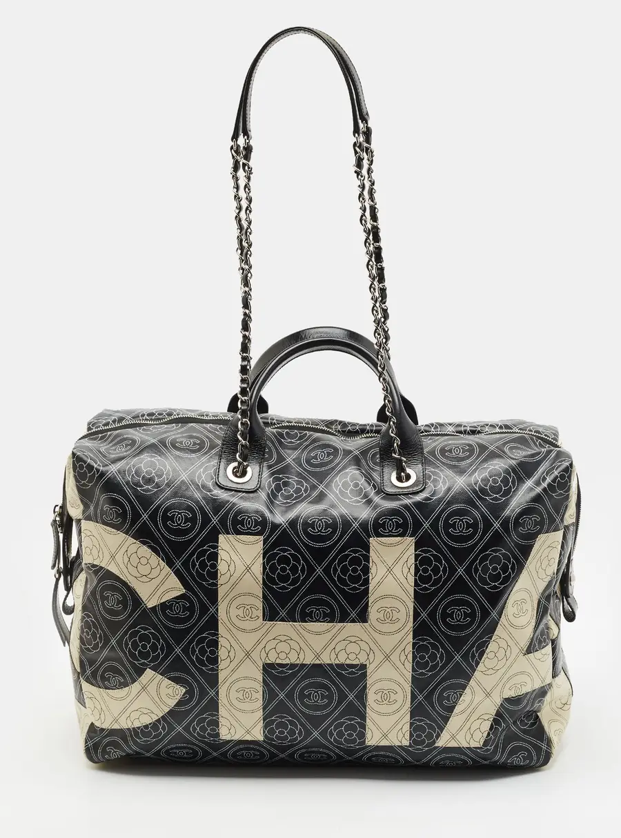 Chanel Black/Cream Camellia Print Coated Canvas Bowling Bag