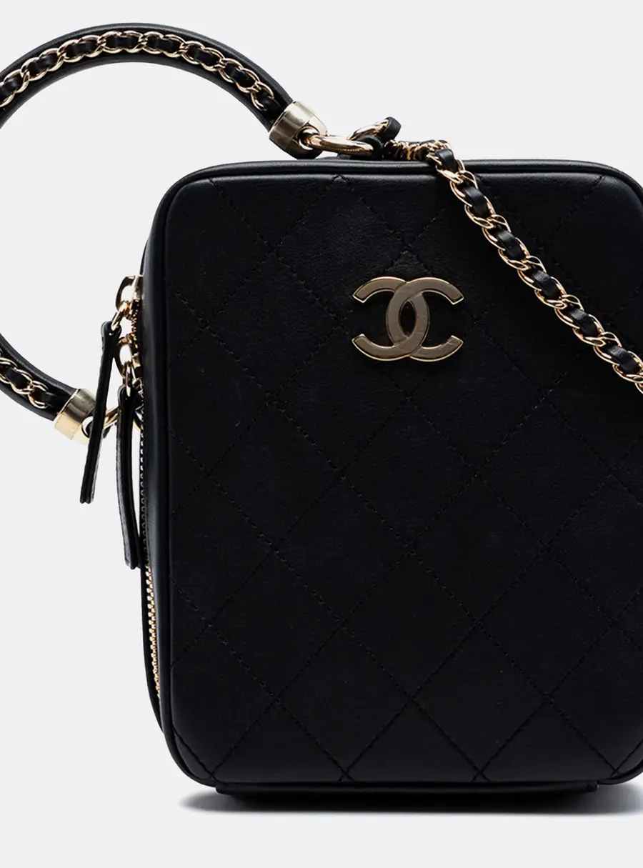Chanel Vanity Case Small Black Calfskin Leather Top Handle Bag