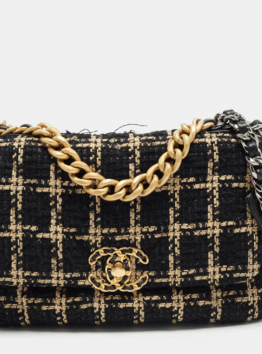 Chanel 19 Small Black/Beige Quilted Tweed Shoulder Bag