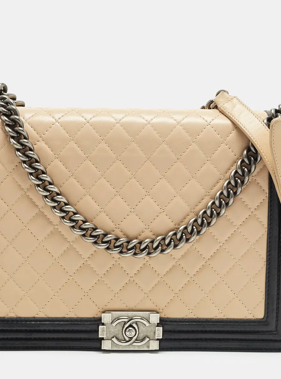 Chanel Boy Large Beige/Black Quilted Leather Flap Bag