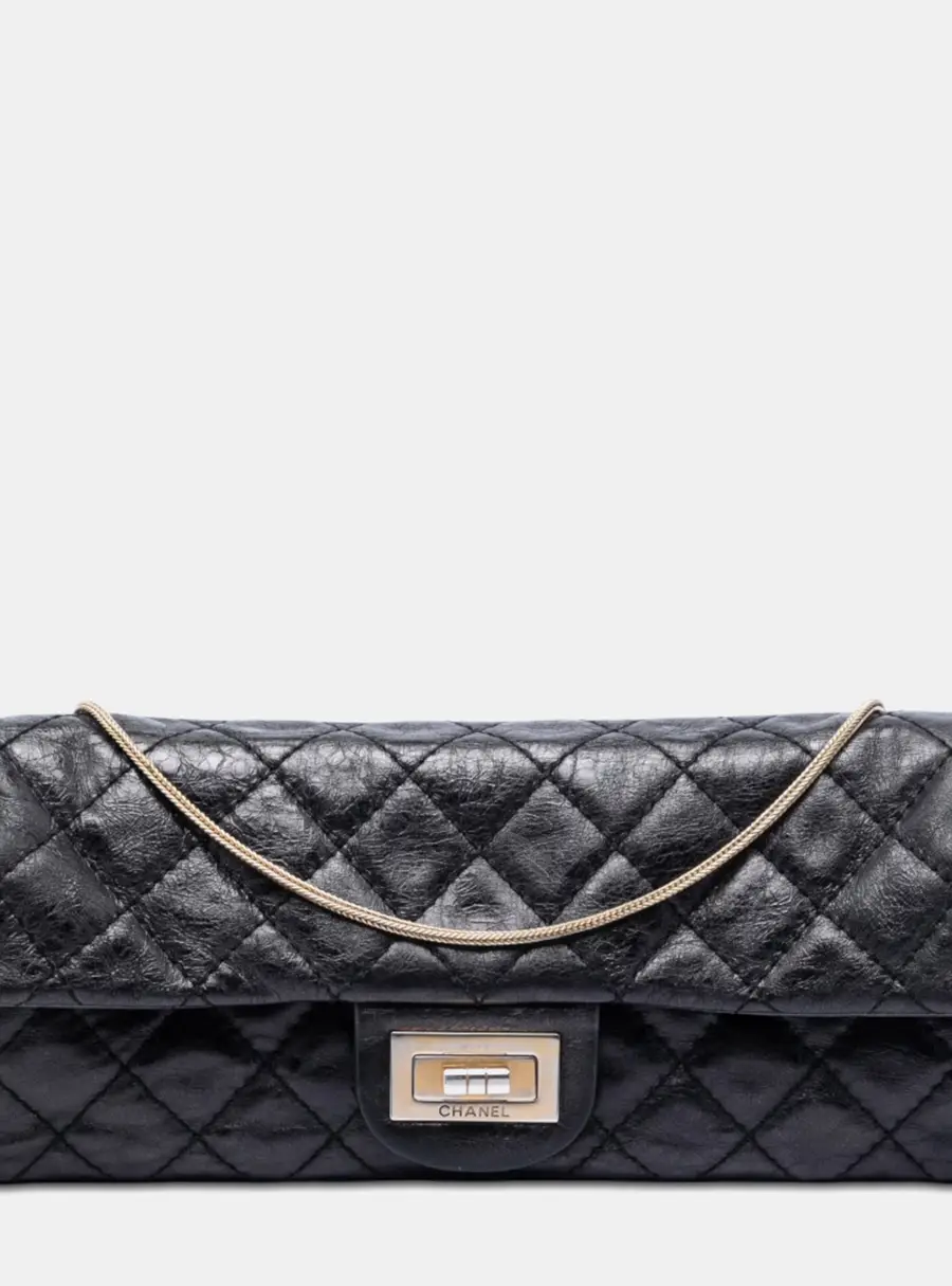 Chanel Reissue 2.55 East West Flap Black Glazed Calfskin Leather Shoulder Bag