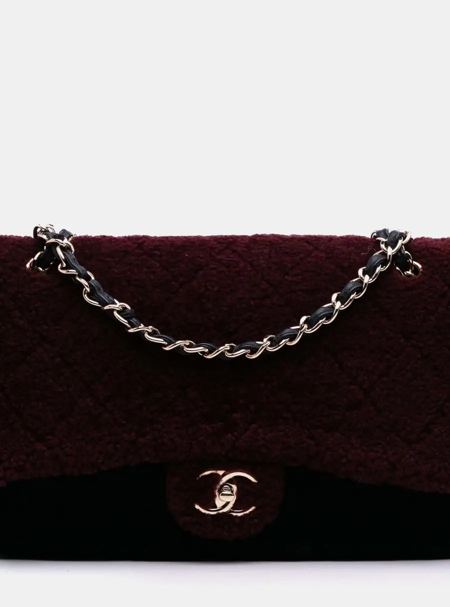 Chanel Classic Medium Red Black Gray Quilted Shearling Leather Shoulder Bag