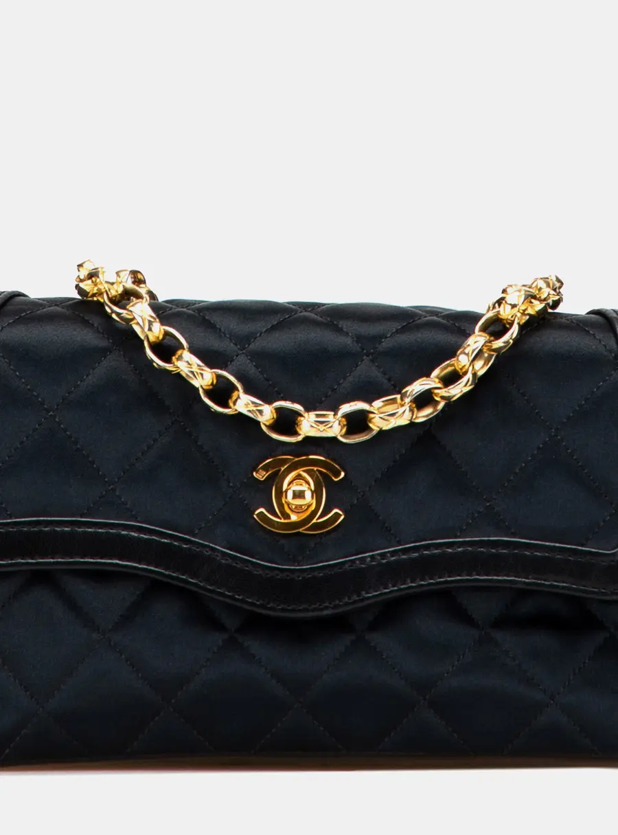Chanel CC Quilted Bijoux Chain Small Black Satin Leather Single Flap Bag