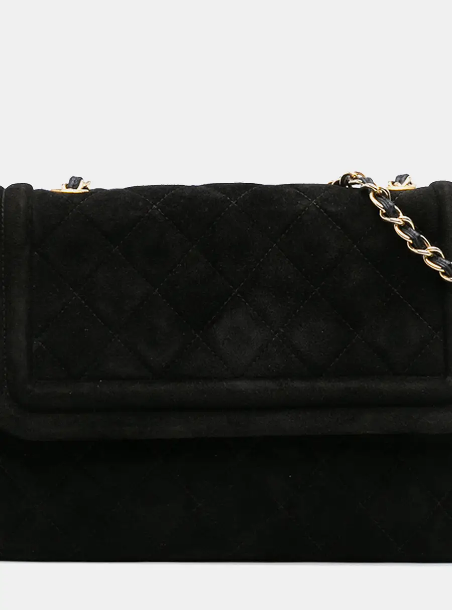 Chanel Quilted Black Suede Leather Tassel Flap Bag