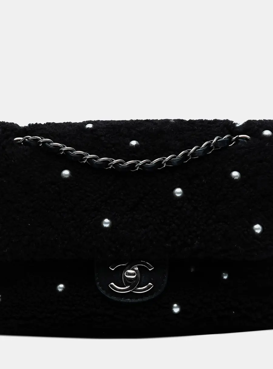 Chanel Classic Flap Medium Black Shearling Pearl Studded Shoulder Bag