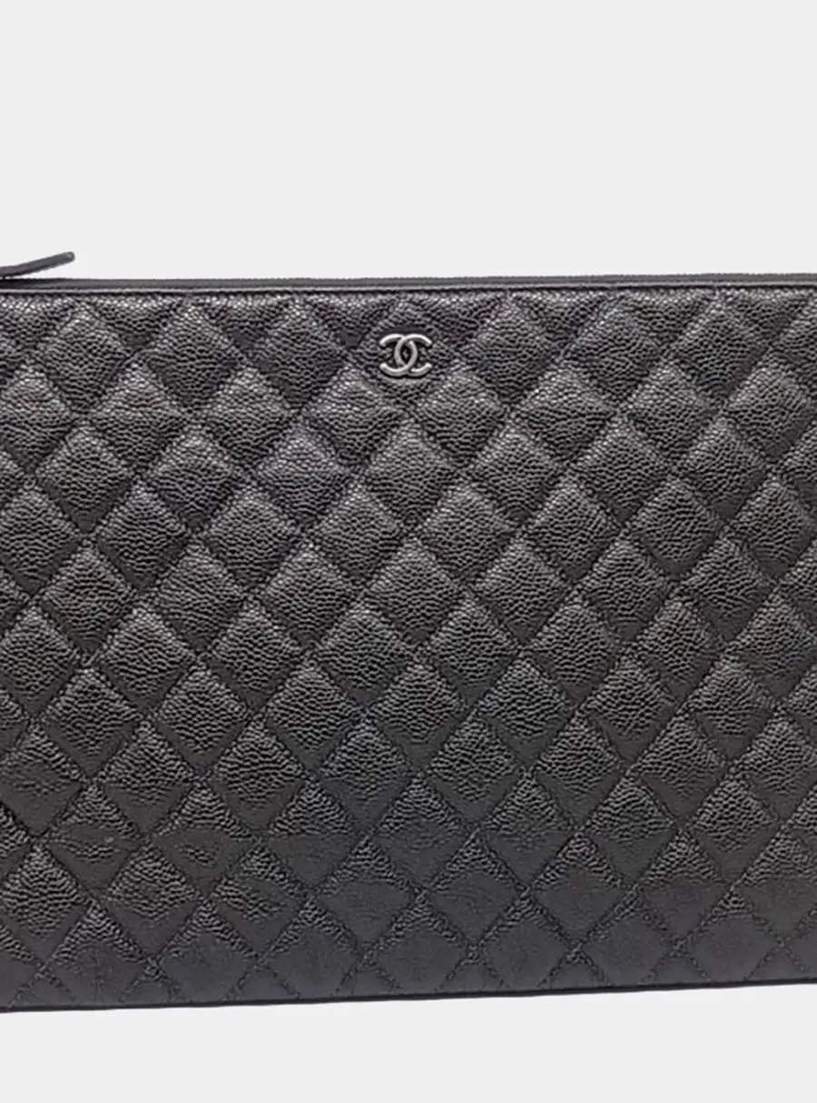 Chanel Quilted Large Black Caviar Leather Clutch Bag