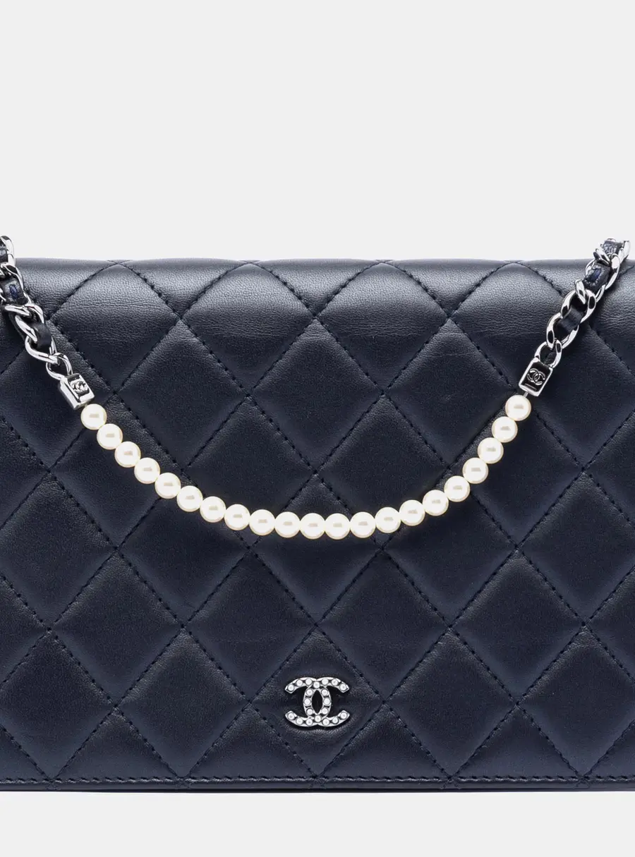 Chanel Pearl Strap Wallet On Chain Small Black Quilted Lambskin Leather Crossbody Bag