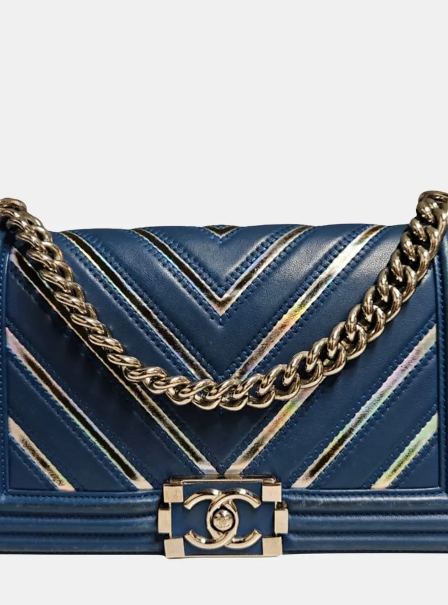 Chanel Blue Chevron PVC & Leather Medium Boy Flap Bag