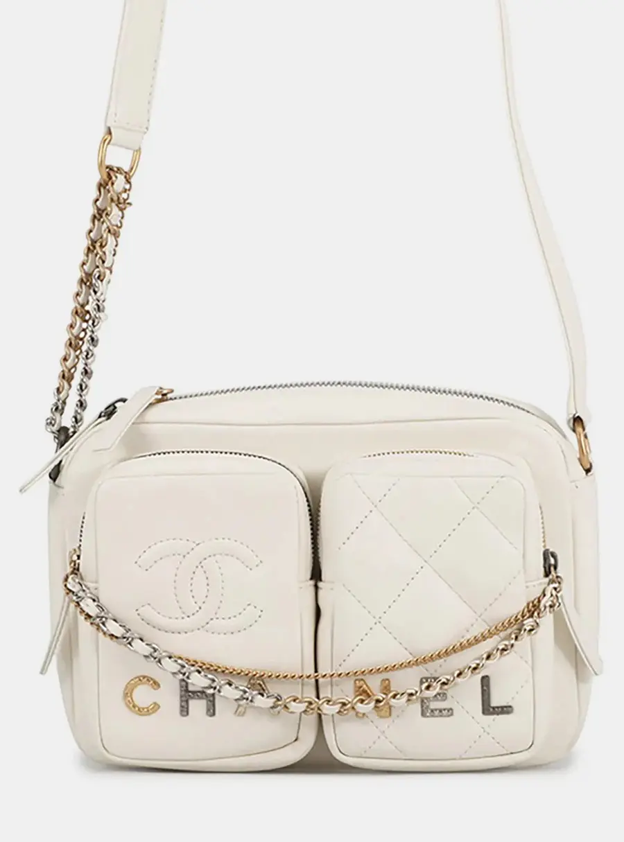 Chanel Matelasse Small White Lambskin Leather Camera Bag