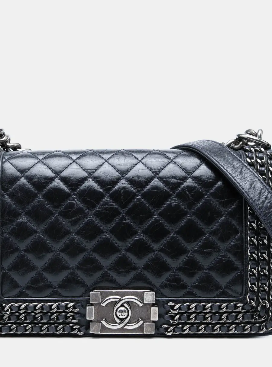 Chanel Chain Around Boy Old Medium Black Glazed Calfskin Flap Bag