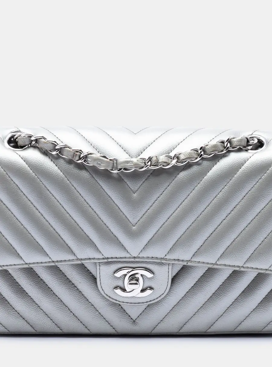 Chanel Medium Classic Chevron Metallic Caviar Double Flap Shoulder Bag