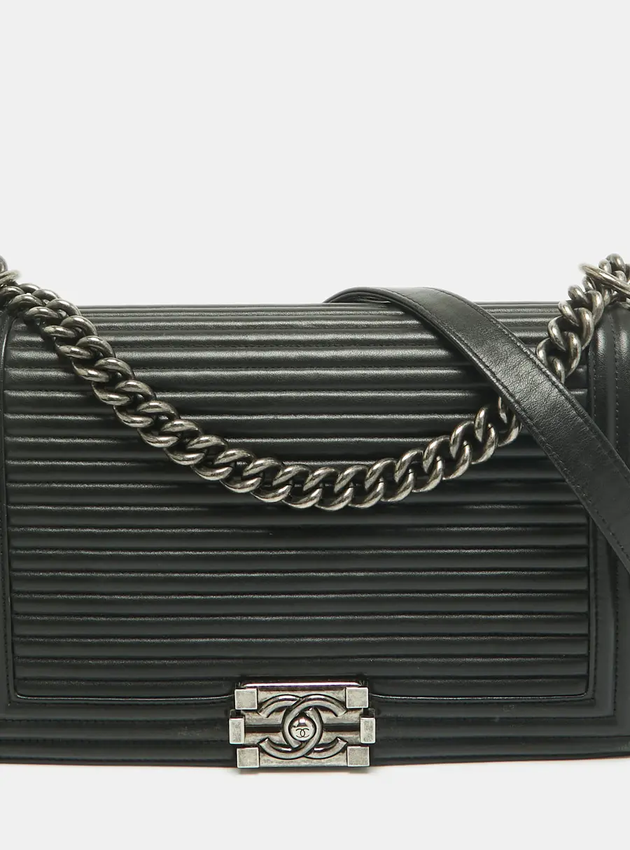 Chanel Boy Striped New Medium Black Leather Flap Bag