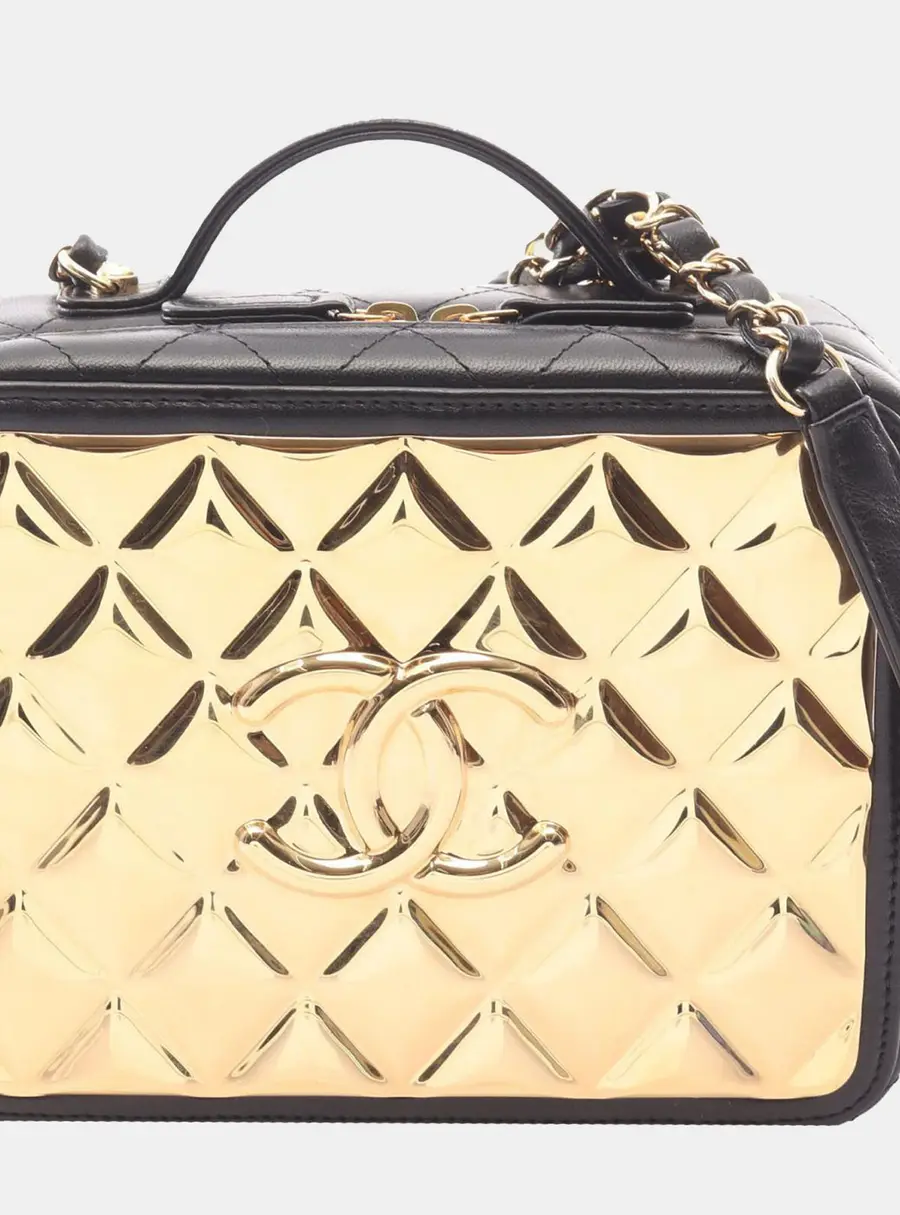 Chanel Golden Plate Medium Black Lambskin Metal Crossbody Vanity Case Bag