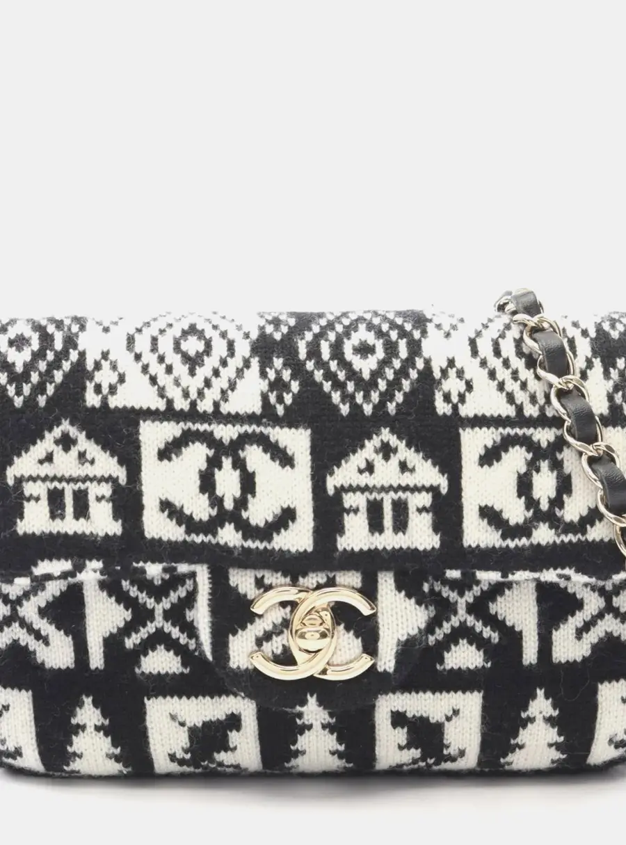 Chanel Coco Neige Black White Wool Shoulder Bag