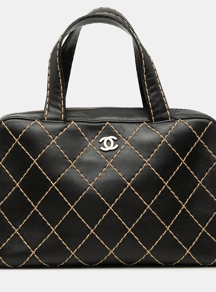 Chanel Wild Stitch One Size Black Lambskin Leather Top Handle Bag