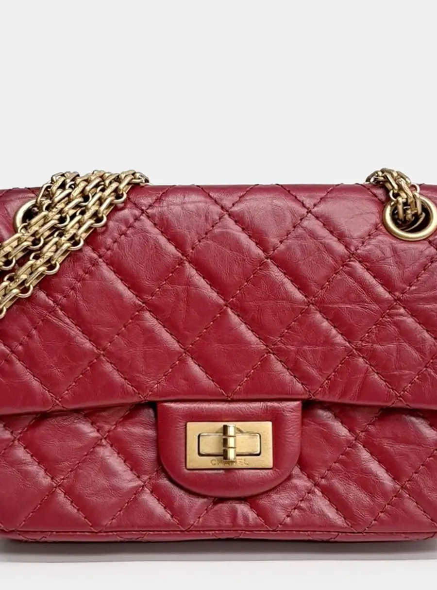 Chanel 2.55 Mini Red Distressed Lambskin Leather Flap Bag