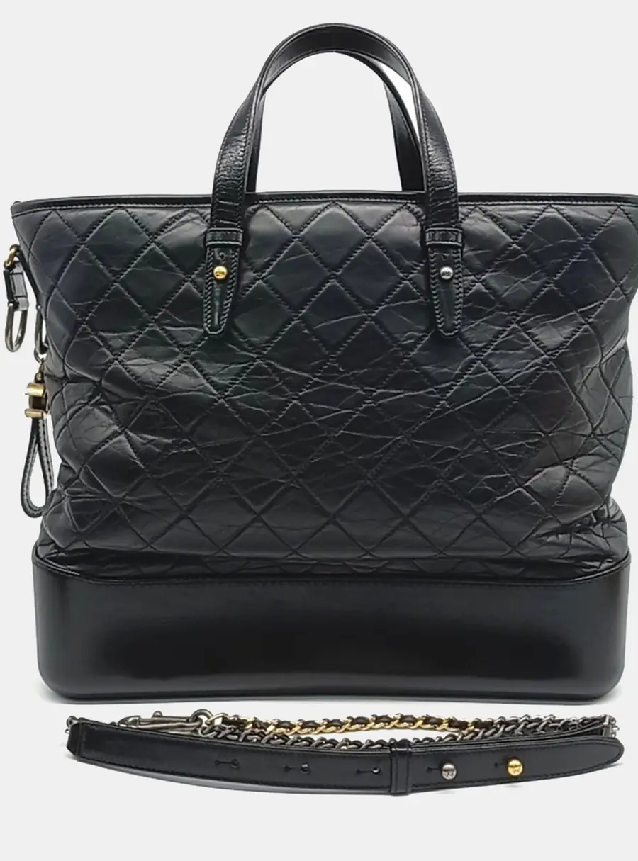Chanel Gabrielle Large Black Aged Quilted Calfskin Leather Tote Bag