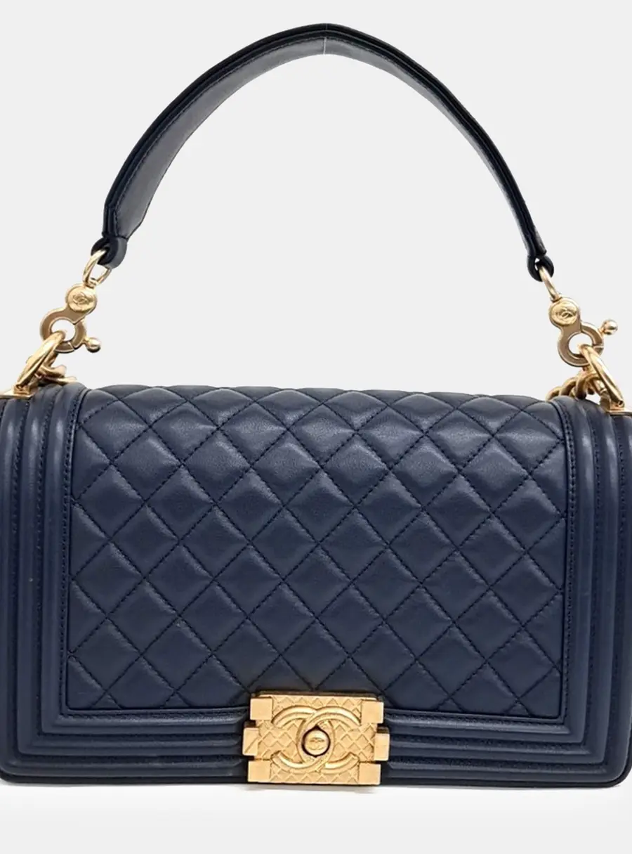 Chanel Boy Medium Navy Blue Calfskin Leather Shoulder Bag
