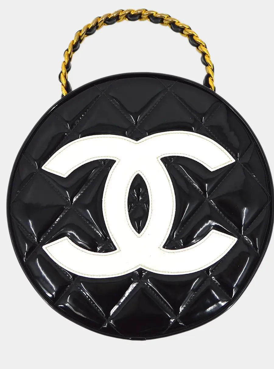 Chanel Round Vanity Black Patent Leather Top Handle Bag