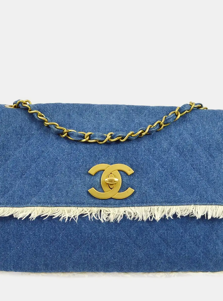 Chanel Blue Denim Maxi Straight Flap Shoulder Bag