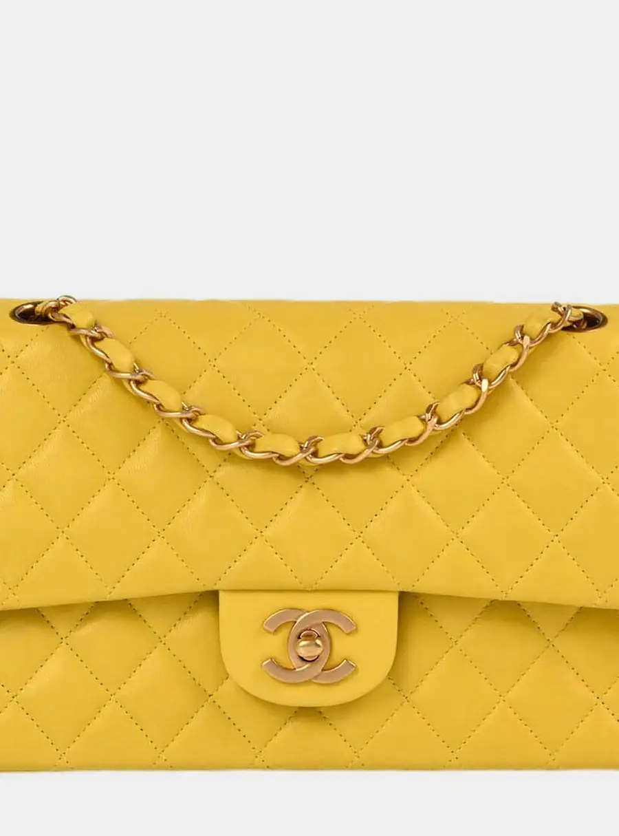 Chanel Yellow Lambskin Medium Classic Double Flap Shoulder Bag