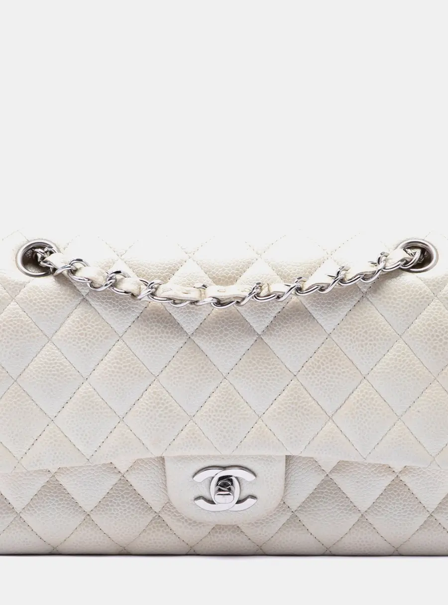 Chanel Classic Double Flap Medium White Caviar Leather Shoulder Bag