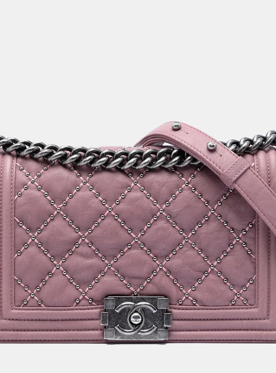Chanel Boy Old Medium Pink Crumpled Calfskin Leather Studded Flap Bag