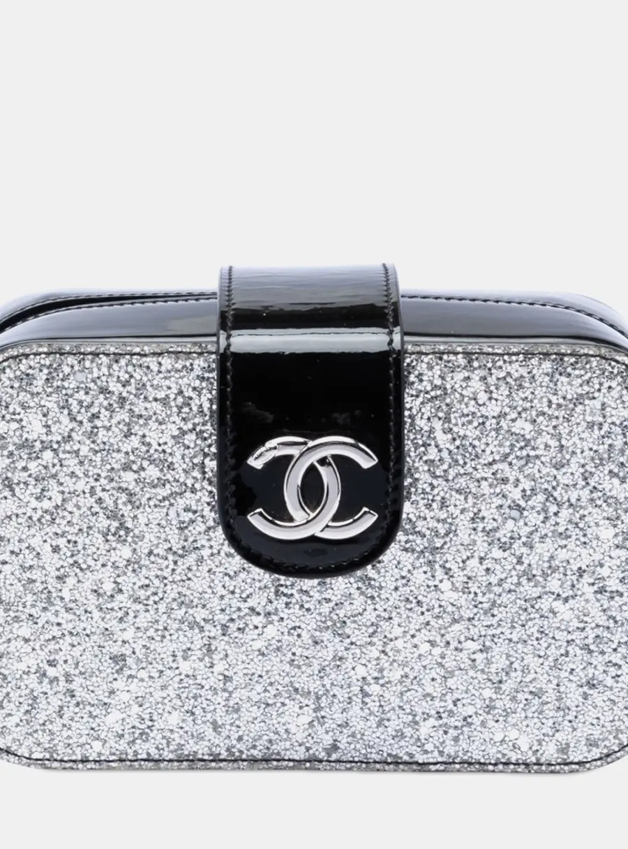 Chanel Evening On The Moon Camera Case Silver Black Glitter Patent Leather Shoulder Bag