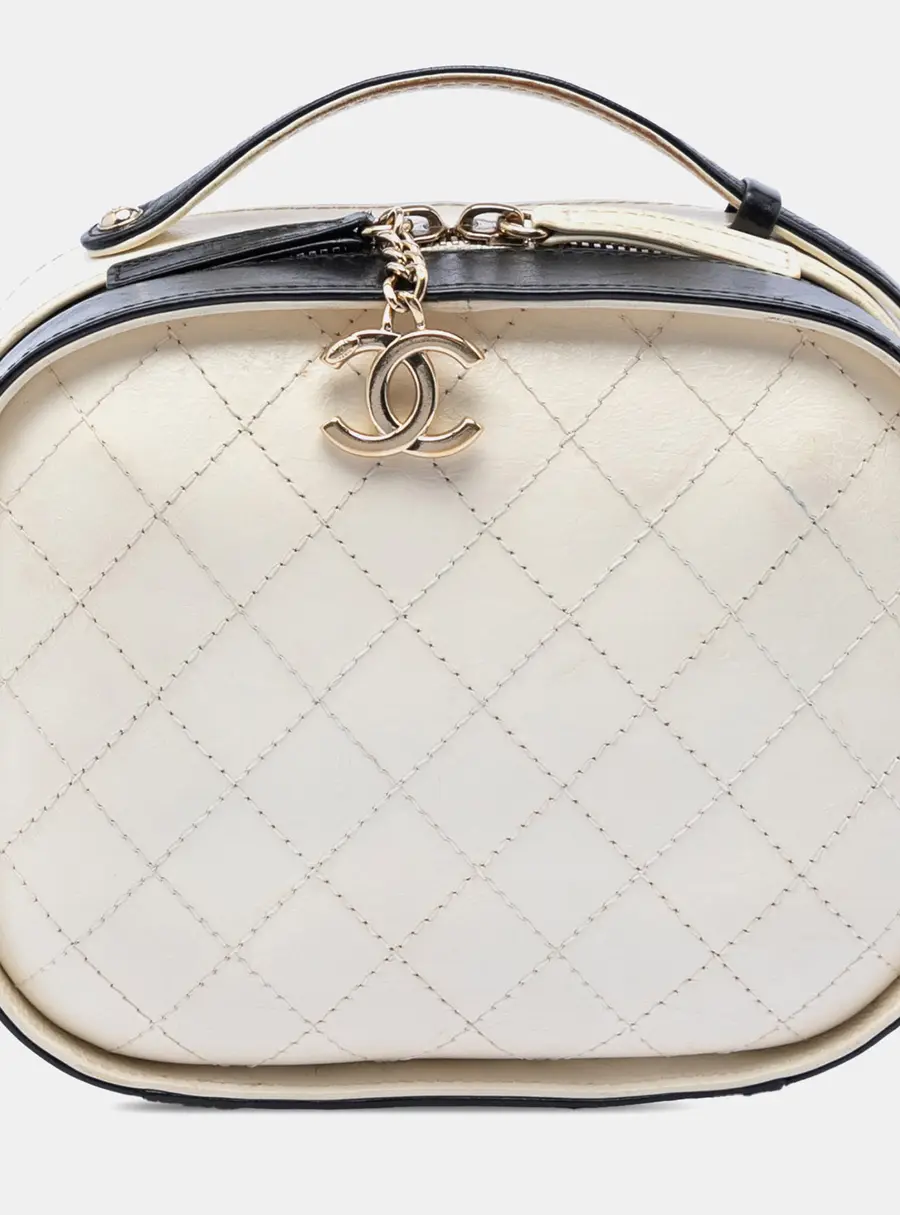 Chanel Vanity Case Small Beige Black Crumpled Calfskin Leather Top Handle Bag