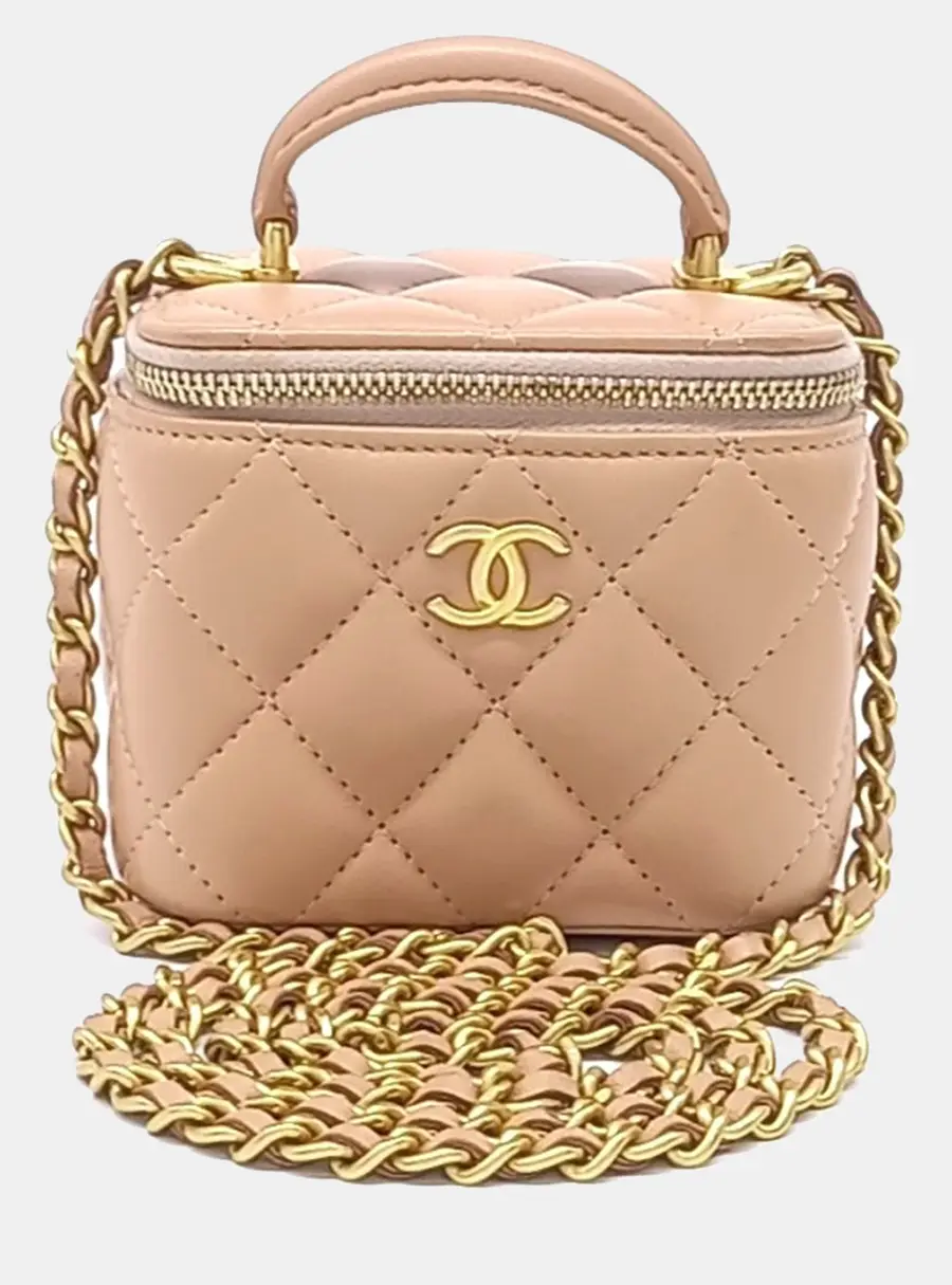 Chanel Vanity Mini Beige Pink Lambskin Leather Top Handle Bag