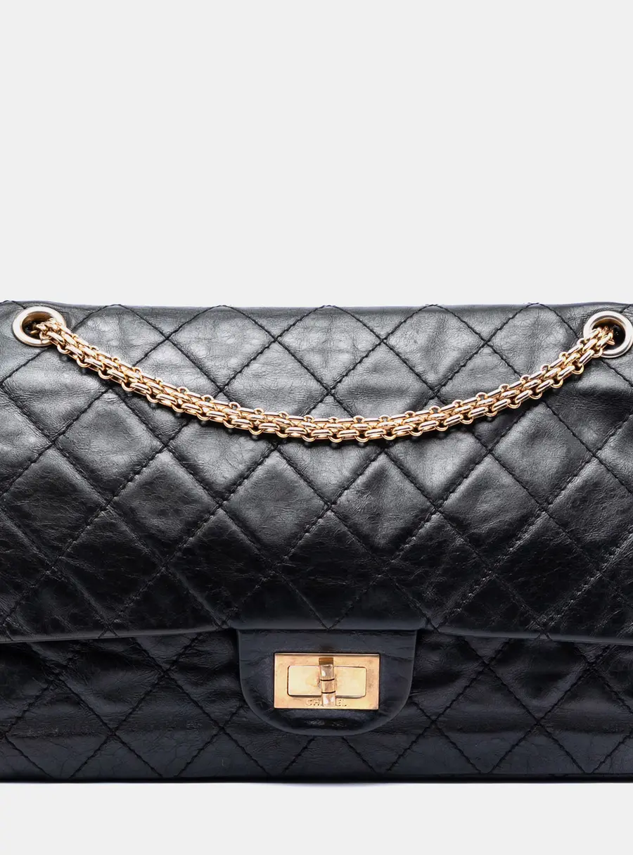 Chanel Reissue 2.55 Double Flap 227 Black Aged Calfskin Leather Shoulder Bag