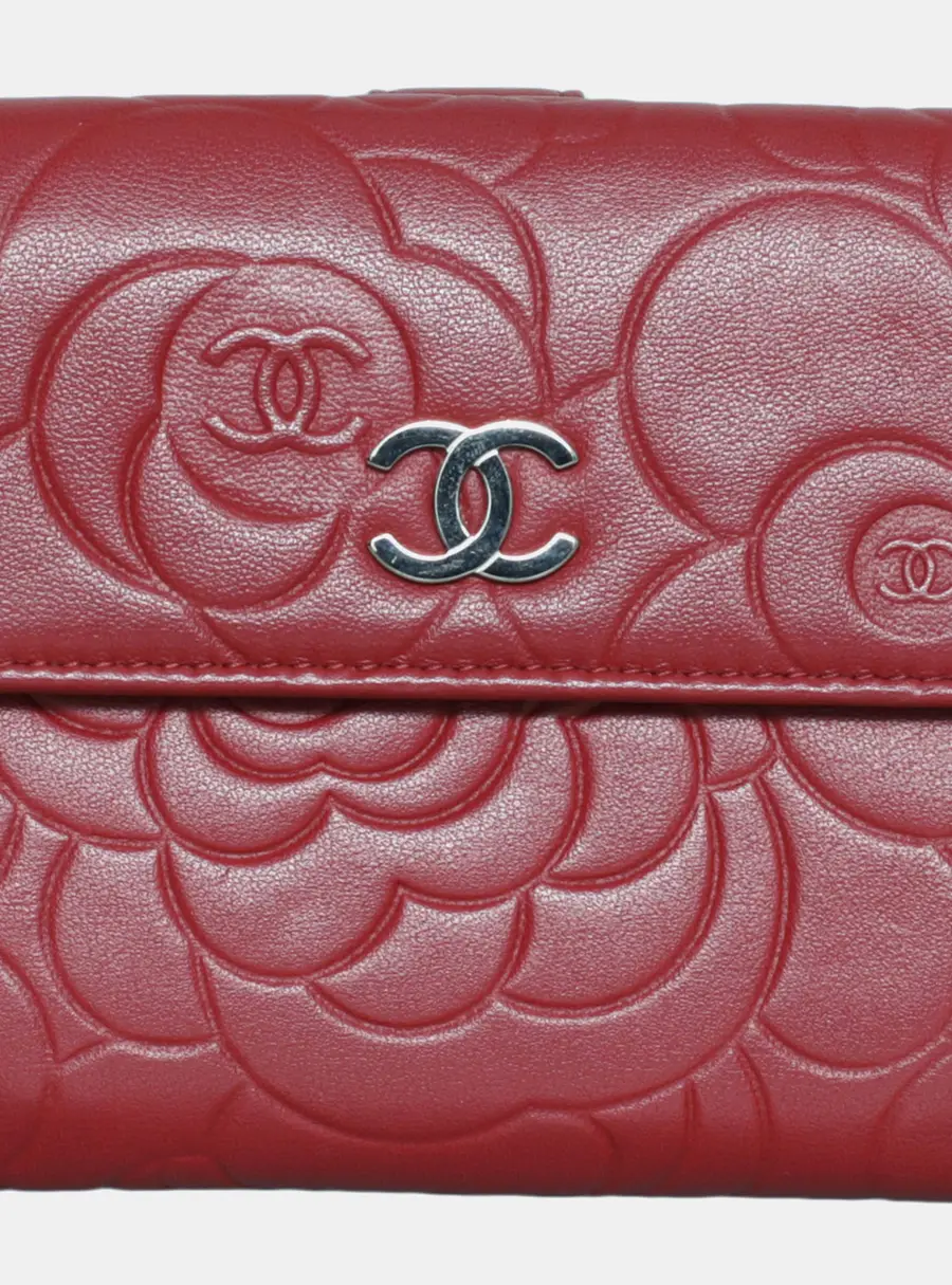Chanel Camellia Red Grained Calfskin Leather Wallet